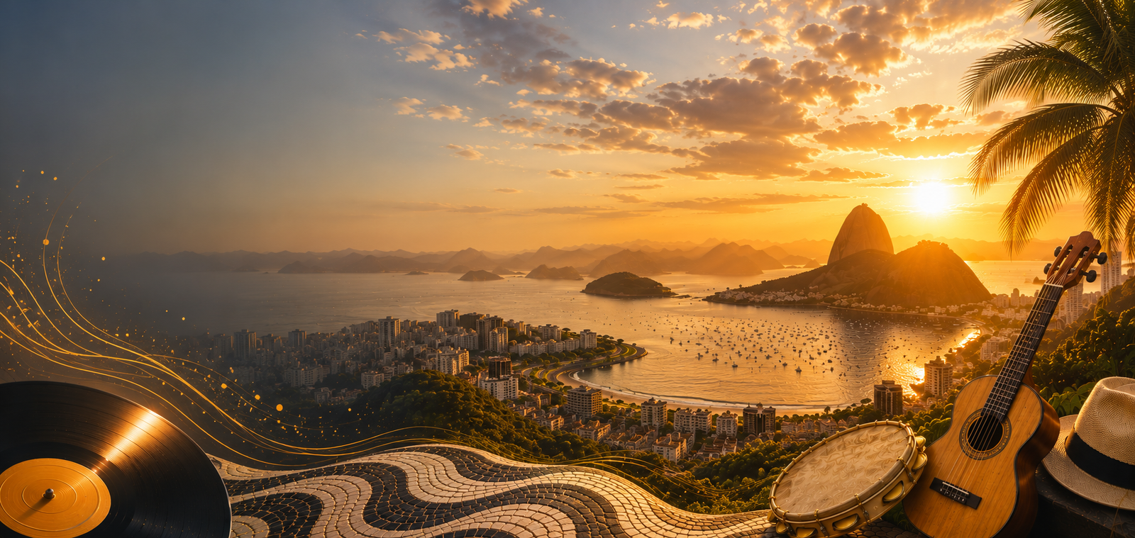 imagem da cidade Do Rio de Janeiro vista do alto com um pandeiro violão e um chapéu de sambista ao lado direito