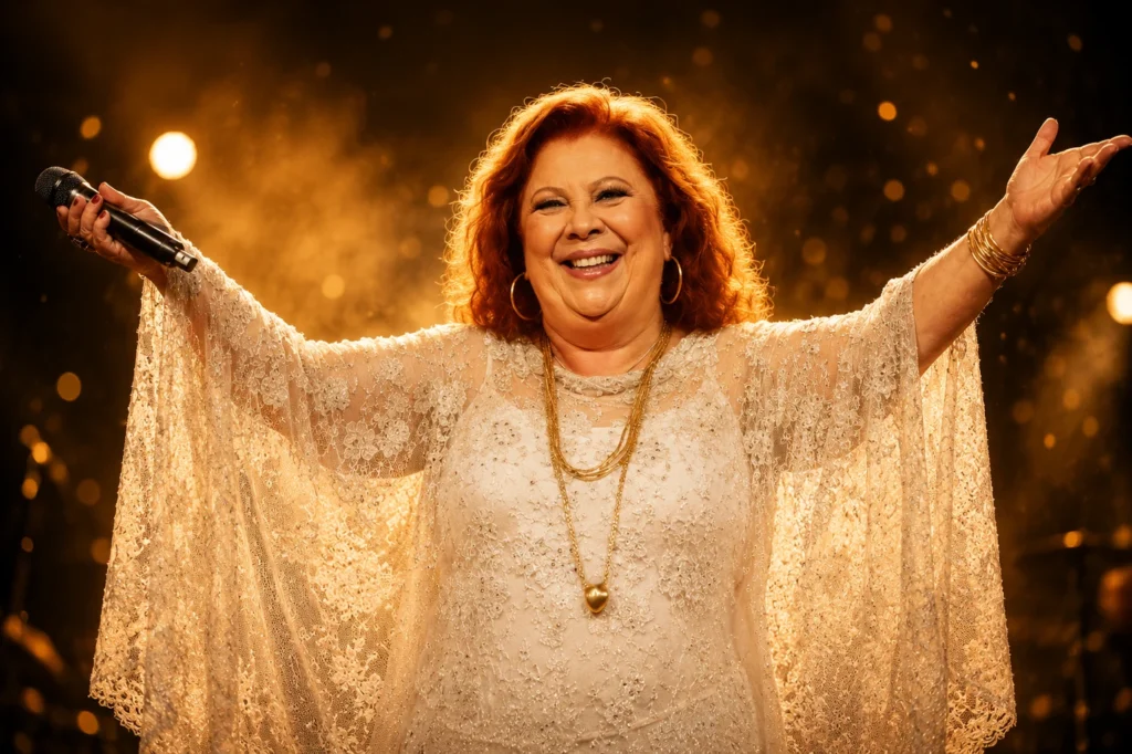 Beth Carvalho em apresentação, com braços abertos e microfone na mão